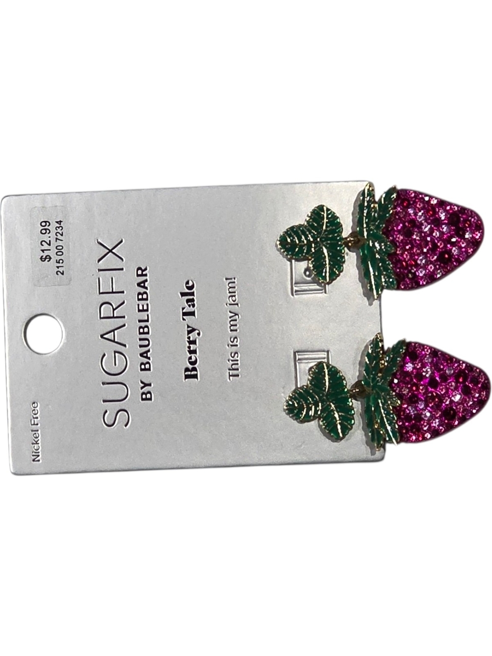 Sparkling Pink Strawberry Drop Earrings with Green Leaves - Picture 3 of 4